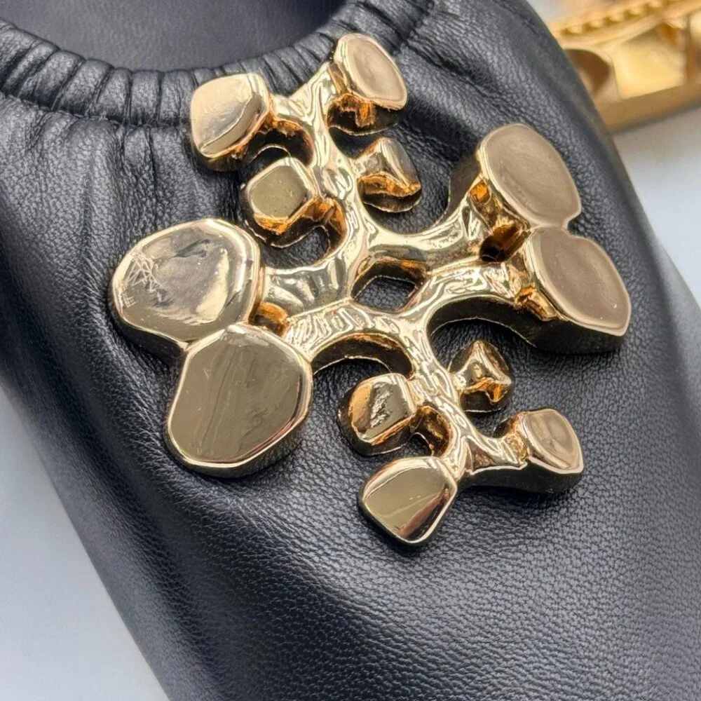 🆕 TORY BURCH 🧿 BNWOB Black Sheepskin Leather Abstract Logo Scrunch Ballet Flat - Picture 14 of 15
